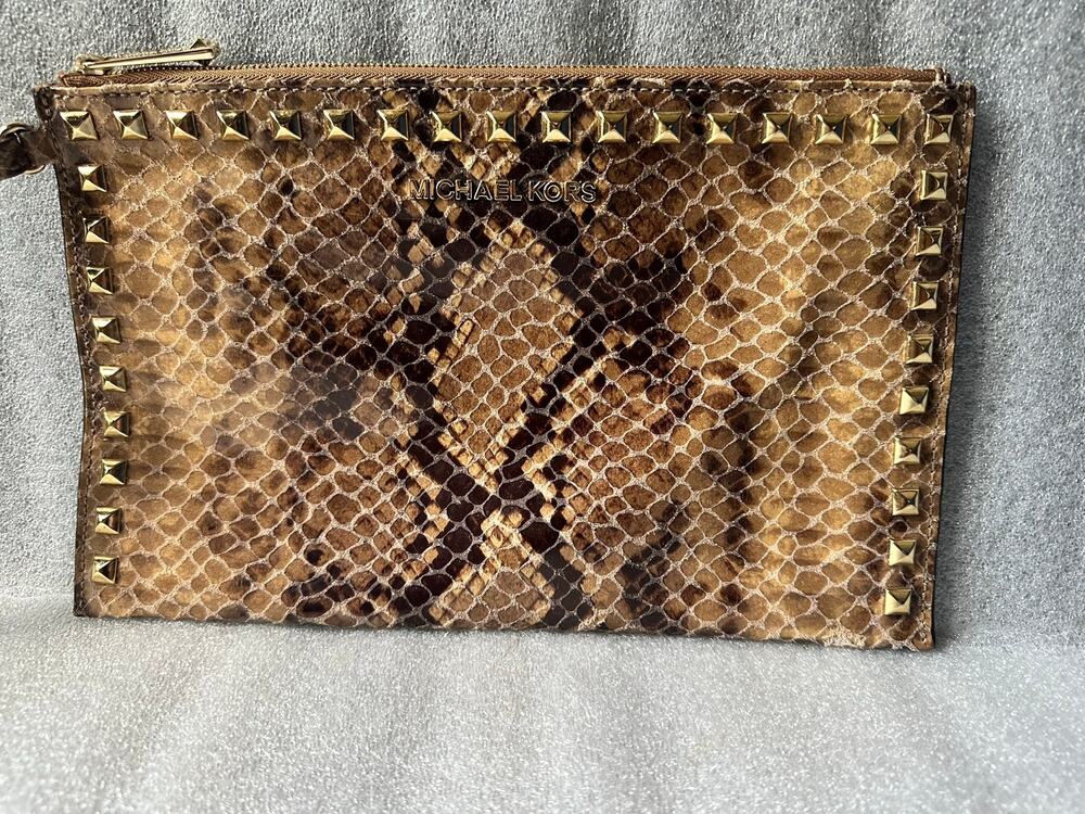 EUC Michael Kors Snakeskin Print Studded Wristlet Clutch Zip Pouch Brown Gold